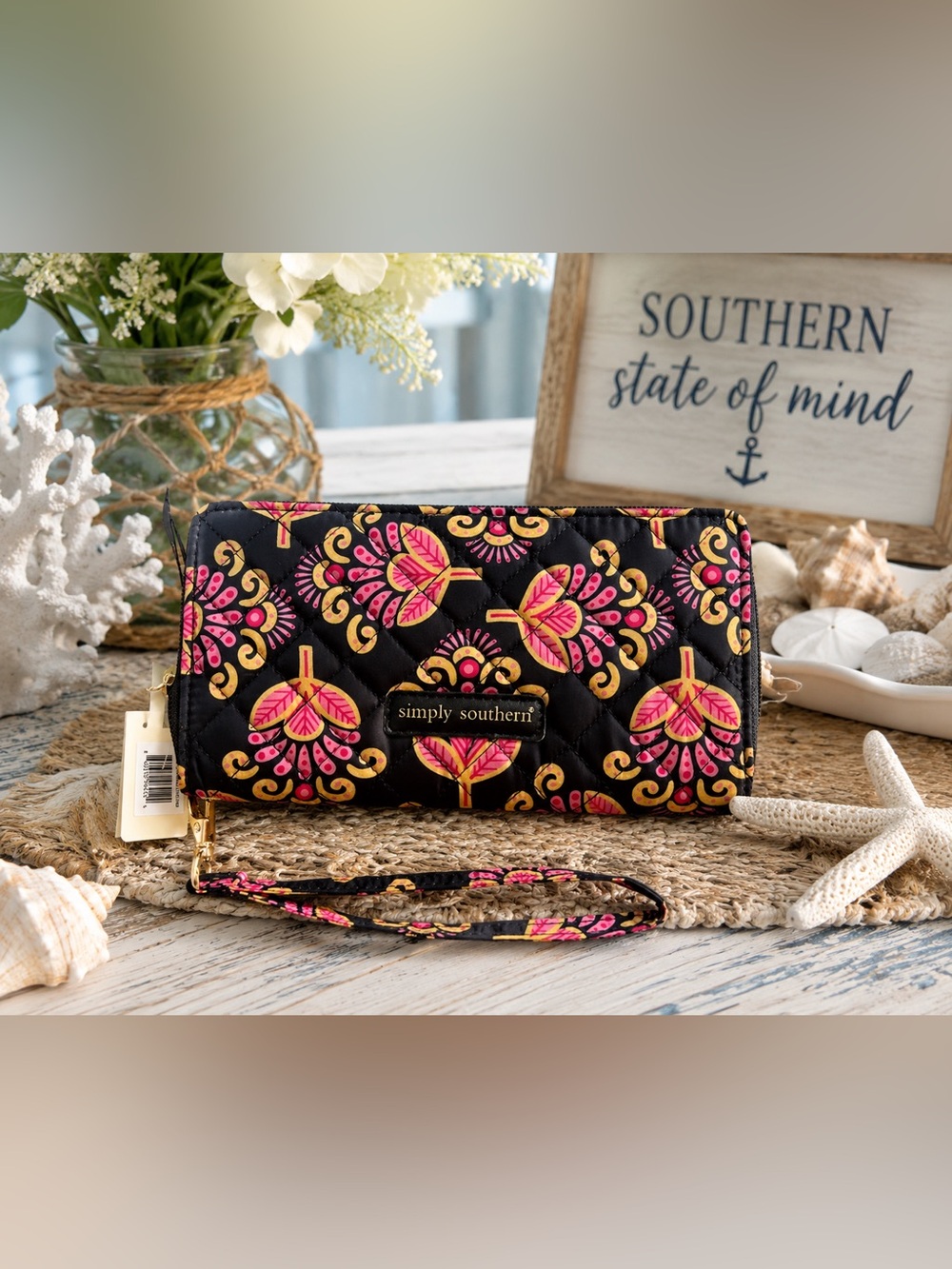 NWT Simply Southern Quilted Floral Wristlet Wallet Black Pink Gold Phone Wallet